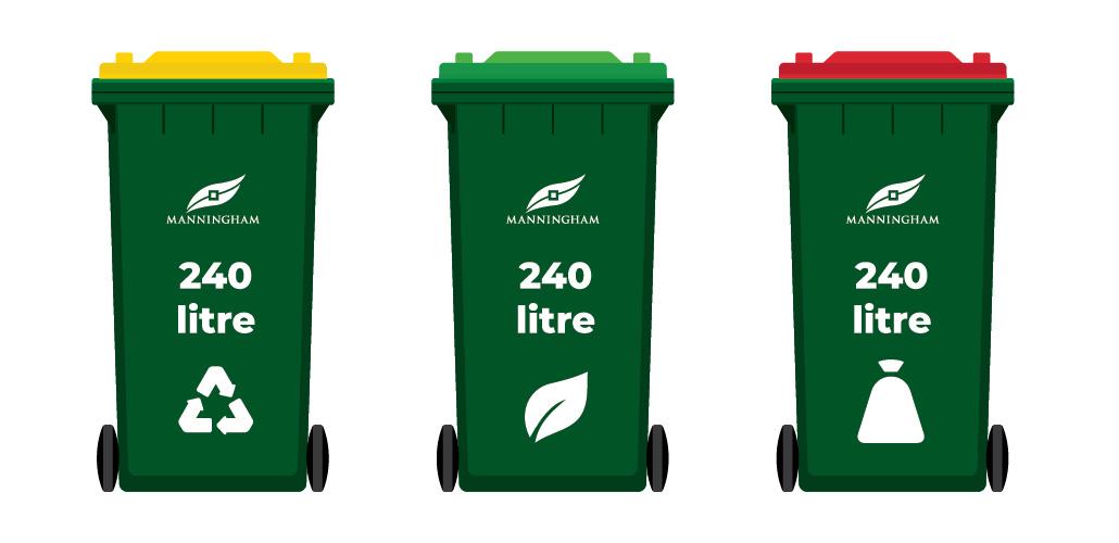 240 litre yellow, green and red lid bins