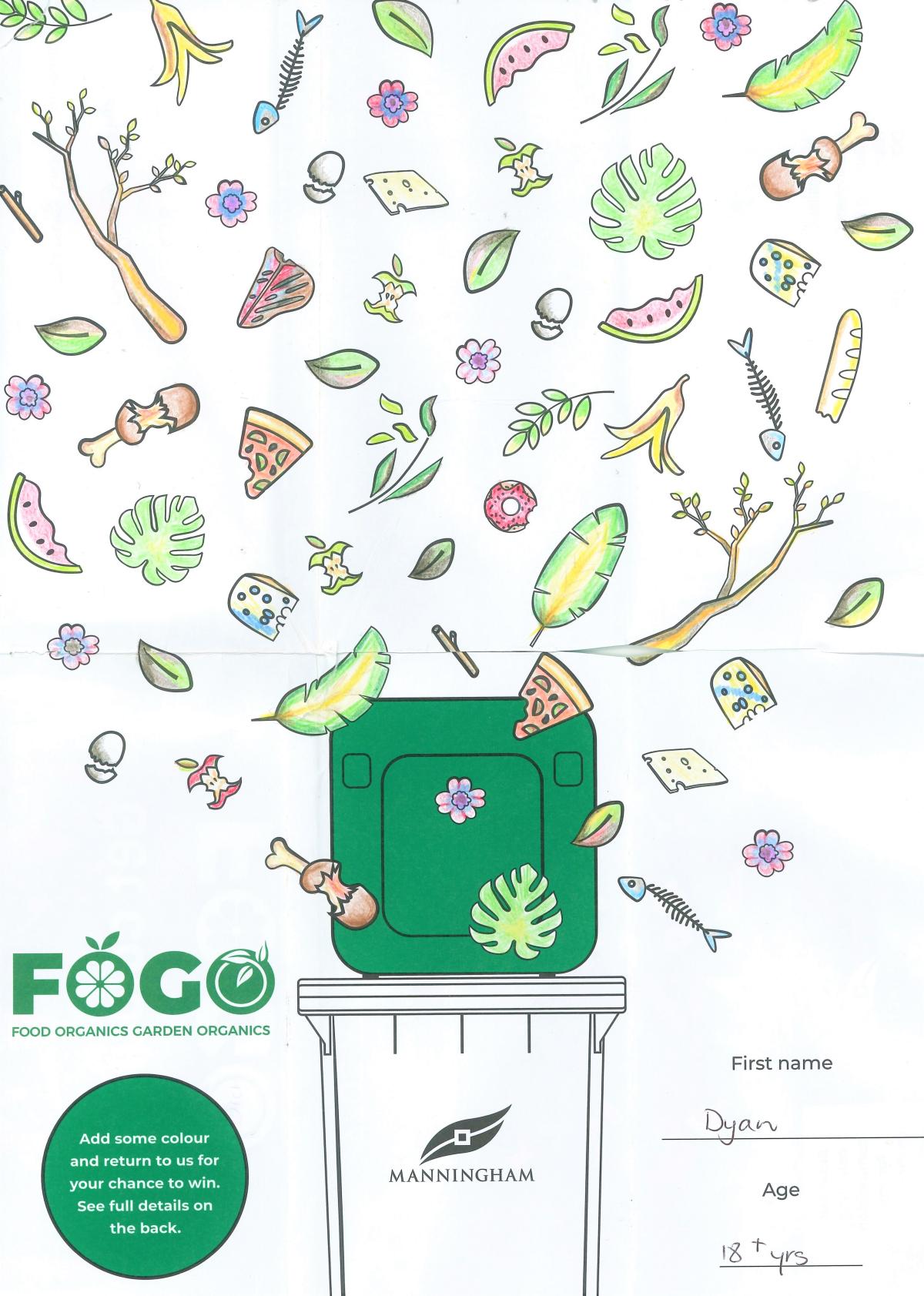 An image of a FOGO bin with all sorts of organic rubbish falling into it from above. The name 'Dyan' is in the bottom right corner.