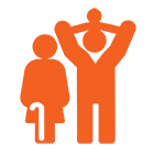 Icon of three orange people, one holding a baby on their shoulders, the other holding a walking stick