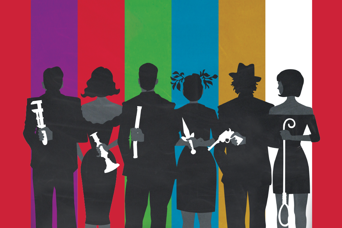 Silhouettes of six people holding weapons behind their backs, against a multi-coloured background