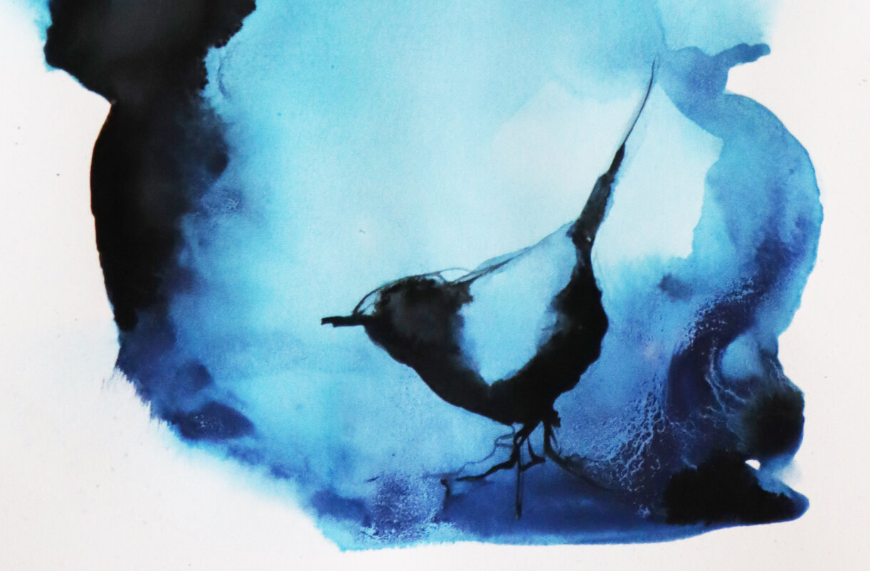 Vibrant blue and black watercolour painting of a small bird against an abstract background