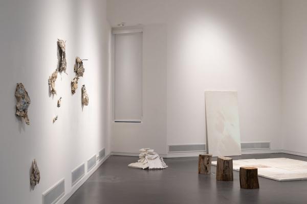 Interior of an art gallery with small sculptural pieces made from natural materials on the wall and floor