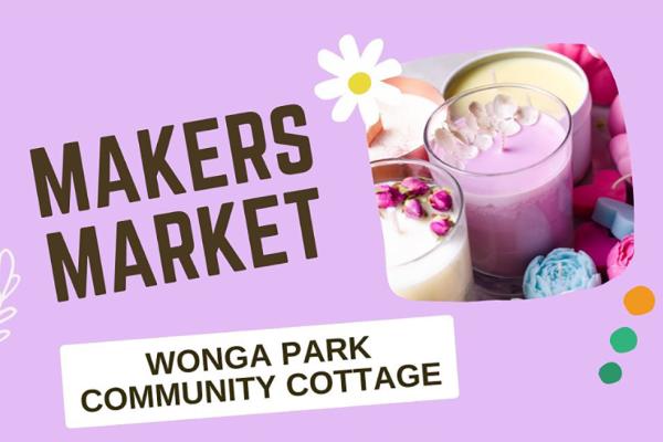 A photo of fancy candles sits on a purple background with the words "Makers Market Wonga Park Community Cottage"