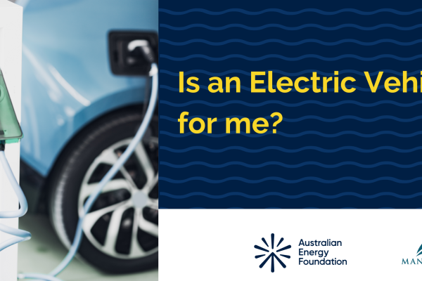 Image of a blue car plugged into an electric charging station and the words is an electric vehicle for me?