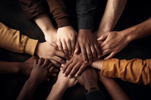 Hands of all different skin colours reach in to form a circle meeting in the middle