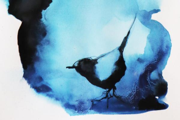 Vibrant blue and black watercolour painting of a small bird against an abstract background
