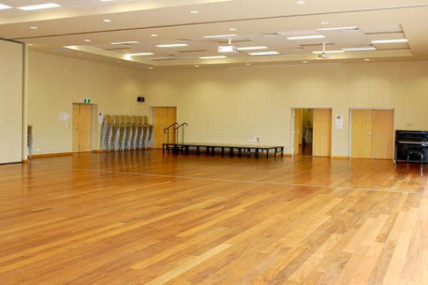 Ajani Centre Main Hall Stage and entry doors from Supper room