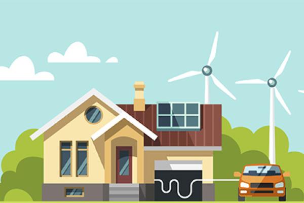 illustration of car plugged into house with windmills in background