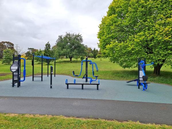 Blue and black exercise equipment in a park with trees and lawn in background