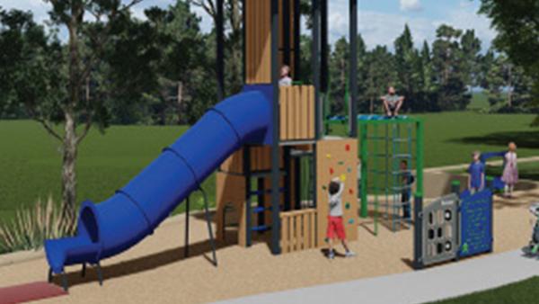 artists rendering of a playspace with slide and children playing