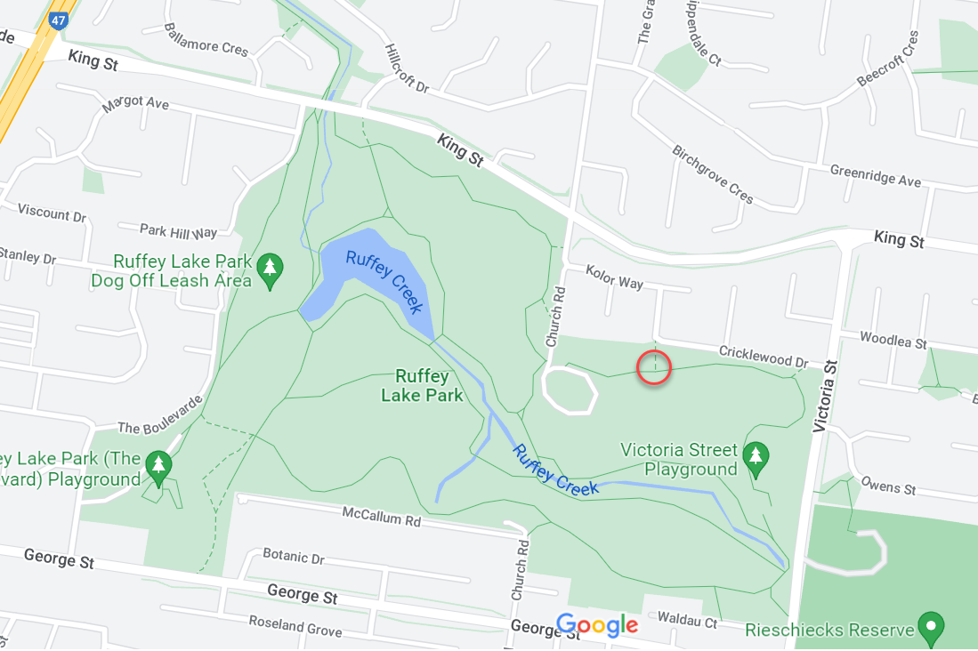 Map of Ruffey Lake Park with red circle around location of exercise station