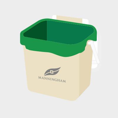 Illustration of beige kitchen caddy with Manningham logo and includes a green compostable liner