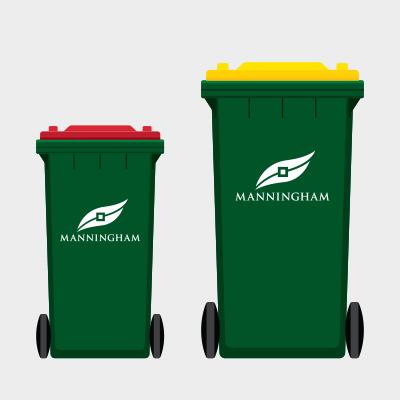 Illustration of garbage bin and recycling bin with Manningham logo
