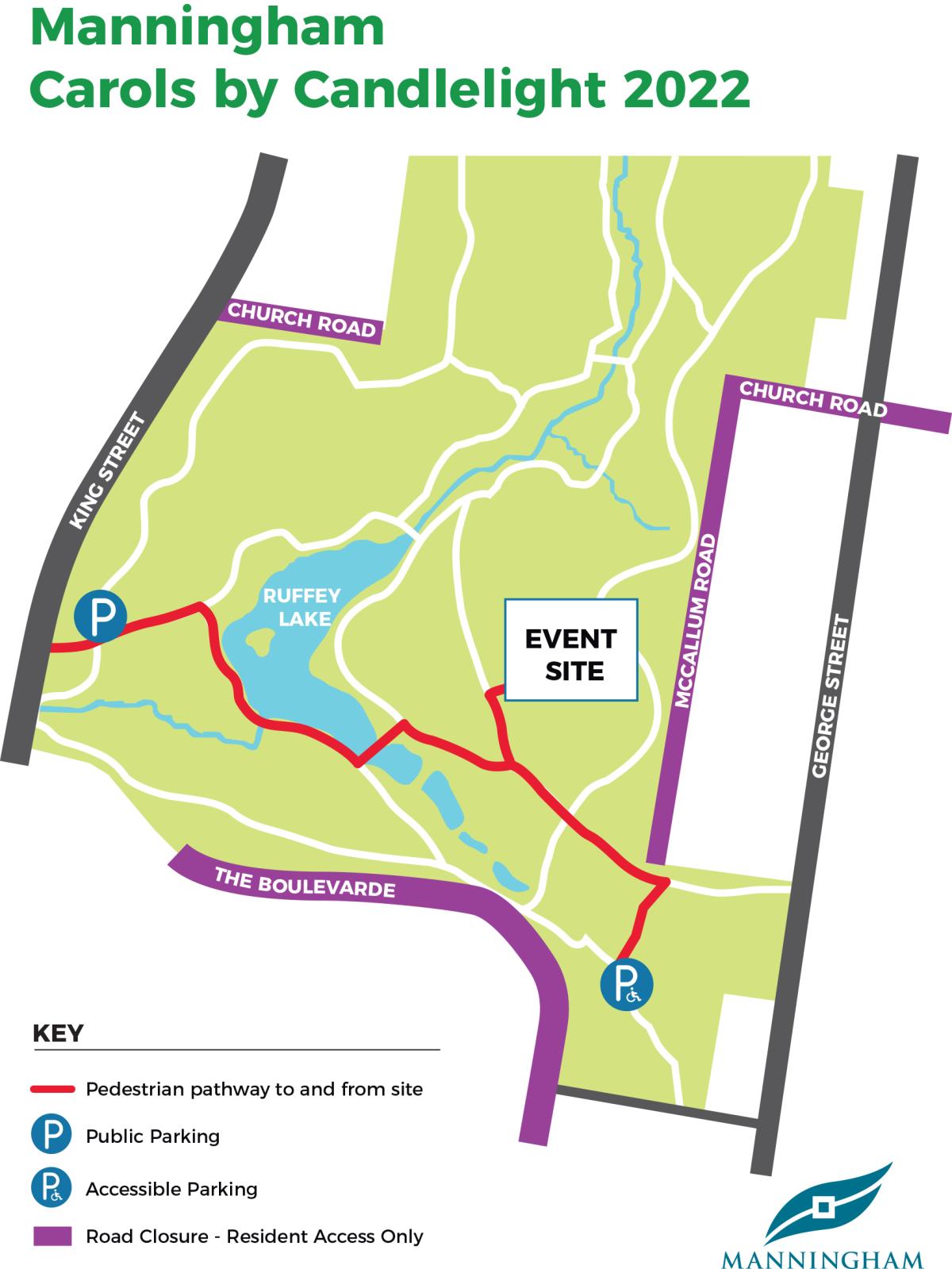 Map of Ruffey Lake Park showing the Carols event site