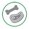Circle with a green outline containing a grey bone and piece of meat