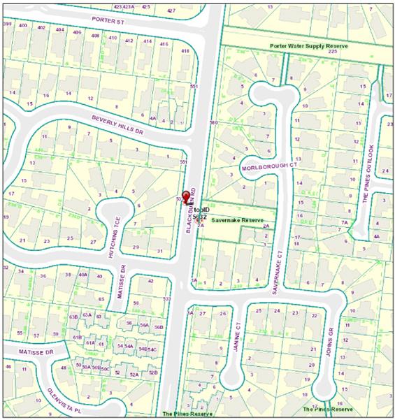 A map with a red pin icon showing the location of the bus shelter at 533 Blackburn Road, Doncaster