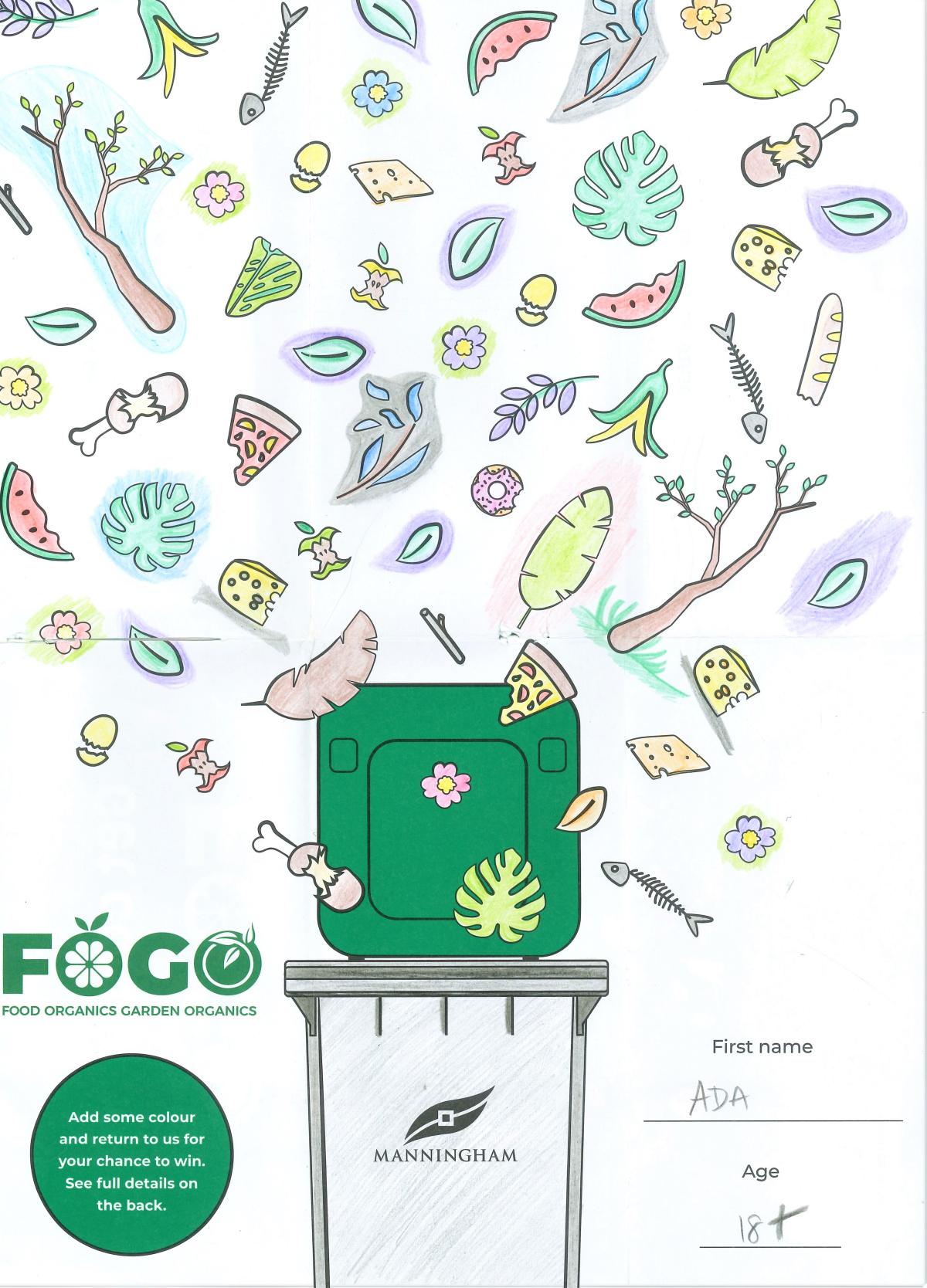 An image of a FOGO bin with all sorts of organic rubbish falling into it from above. The name 'Ada' is in the bottom right corner.