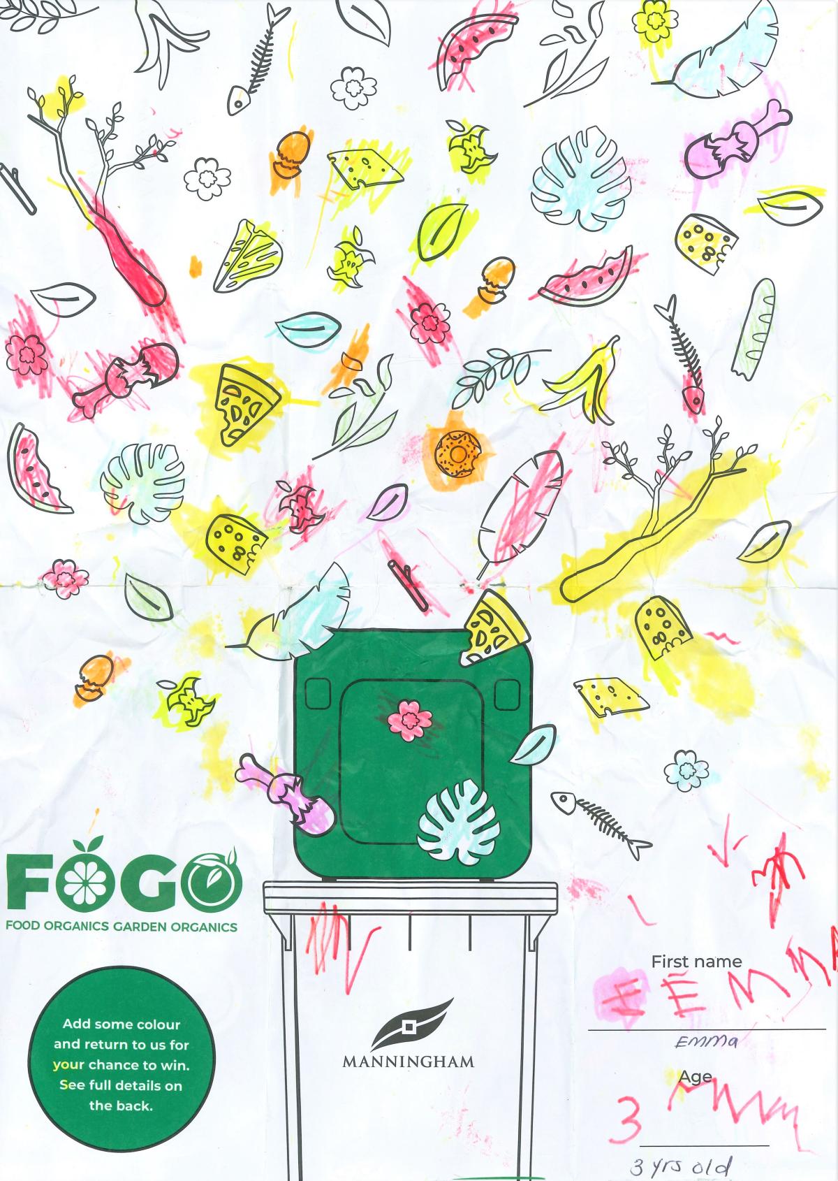 An image of a FOGO bin with all sorts of organic rubbish falling into it from above. The name 'Emma' is in the bottom right corner.