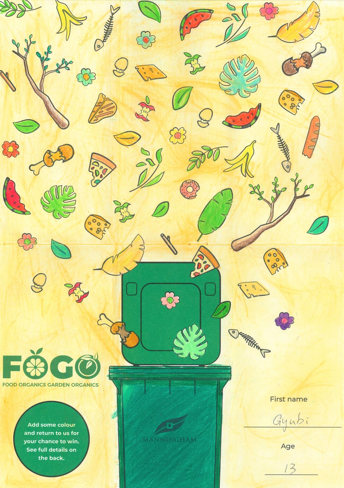 An image of a FOGO bin with all sorts of organic rubbish falling into it from above. The name 'Gyubi' is in the bottom right corner.