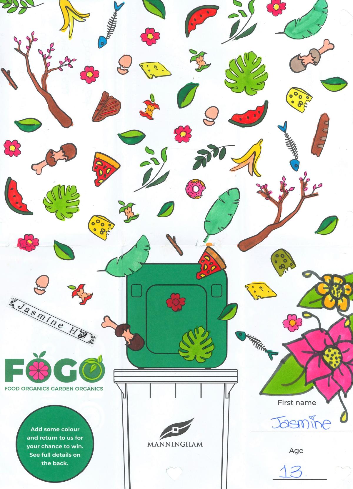 An image of a FOGO bin with all sorts of organic rubbish falling into it from above. The name 'Jasmine' is in the bottom right corner.
