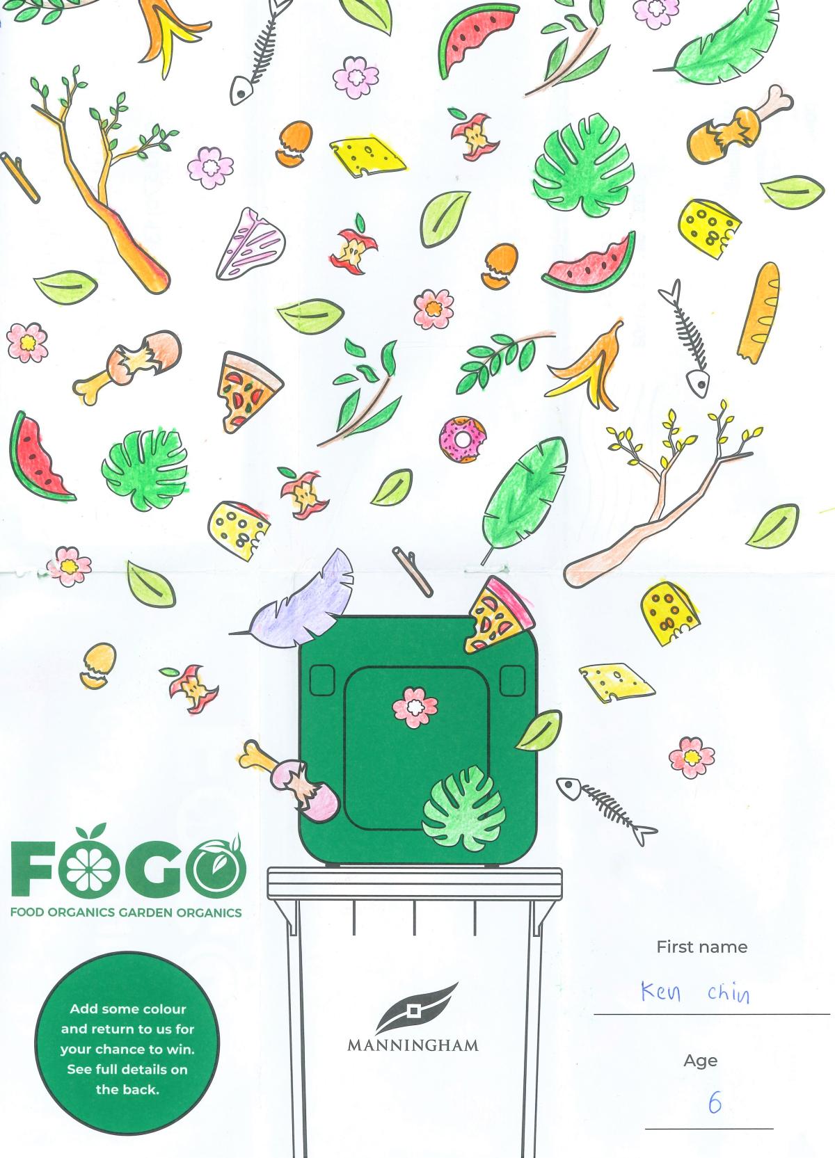 An image of a FOGO bin with all sorts of organic rubbish falling into it from above. The name 'Ken' is in the bottom right corner.