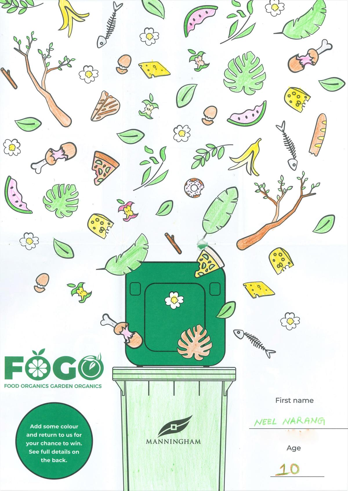 An image of a FOGO bin with all sorts of organic rubbish falling into it from above. The name 'Neel' is in the bottom right corner.