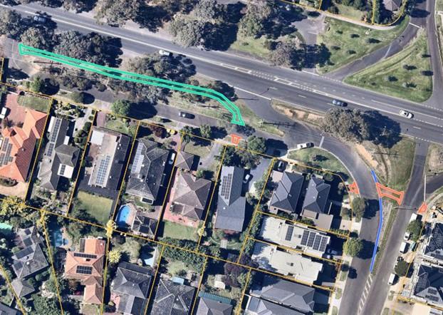 A map with line markings showing the location of the proposed footpath along Andersons Creek Road, Doncaster East
