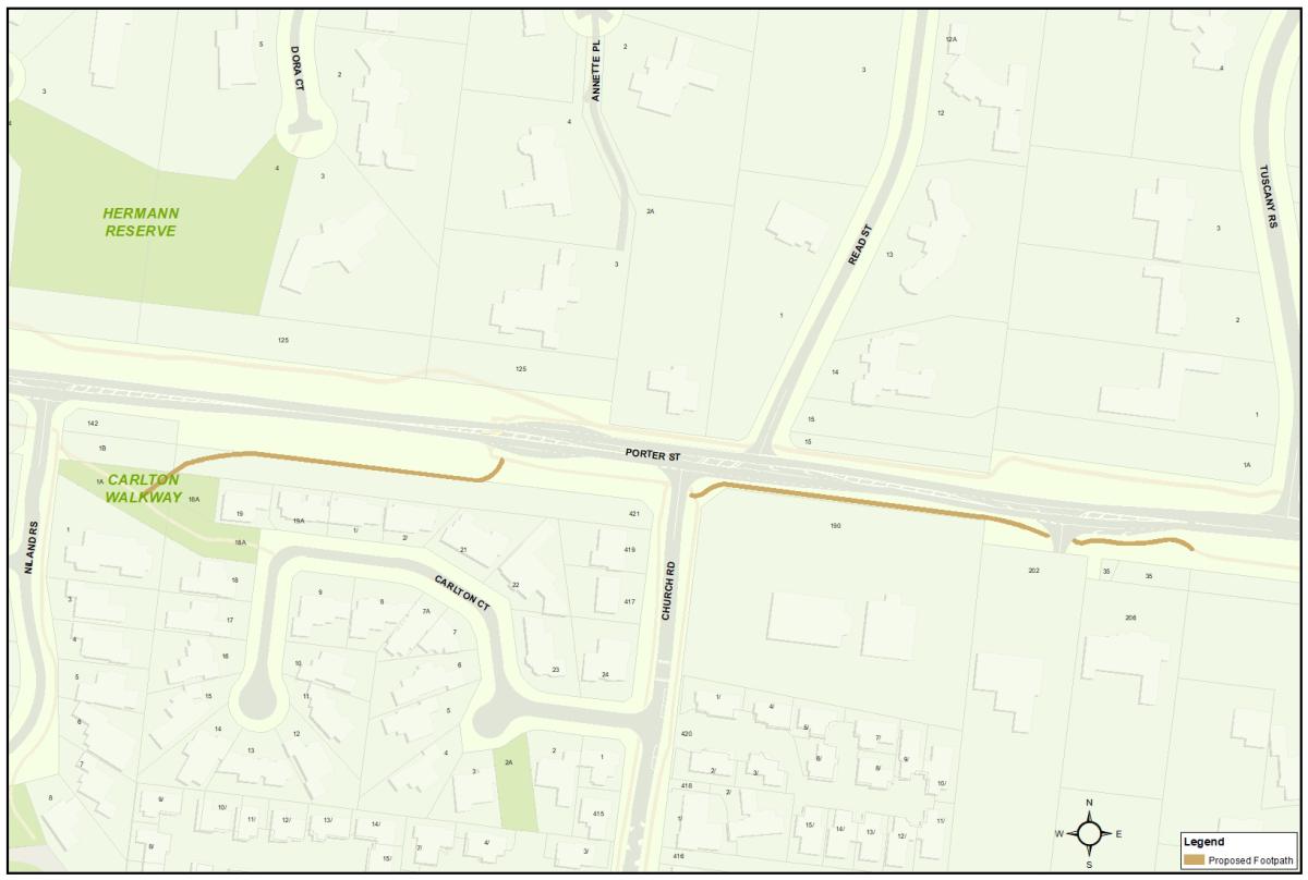 A map with line markings showing the location of the proposed footpath along Porter Street, Templestowe