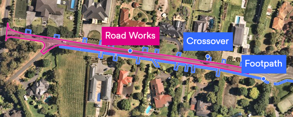 A map with line markings showing the location of the proposed footpath along Websters Road, Templestowe