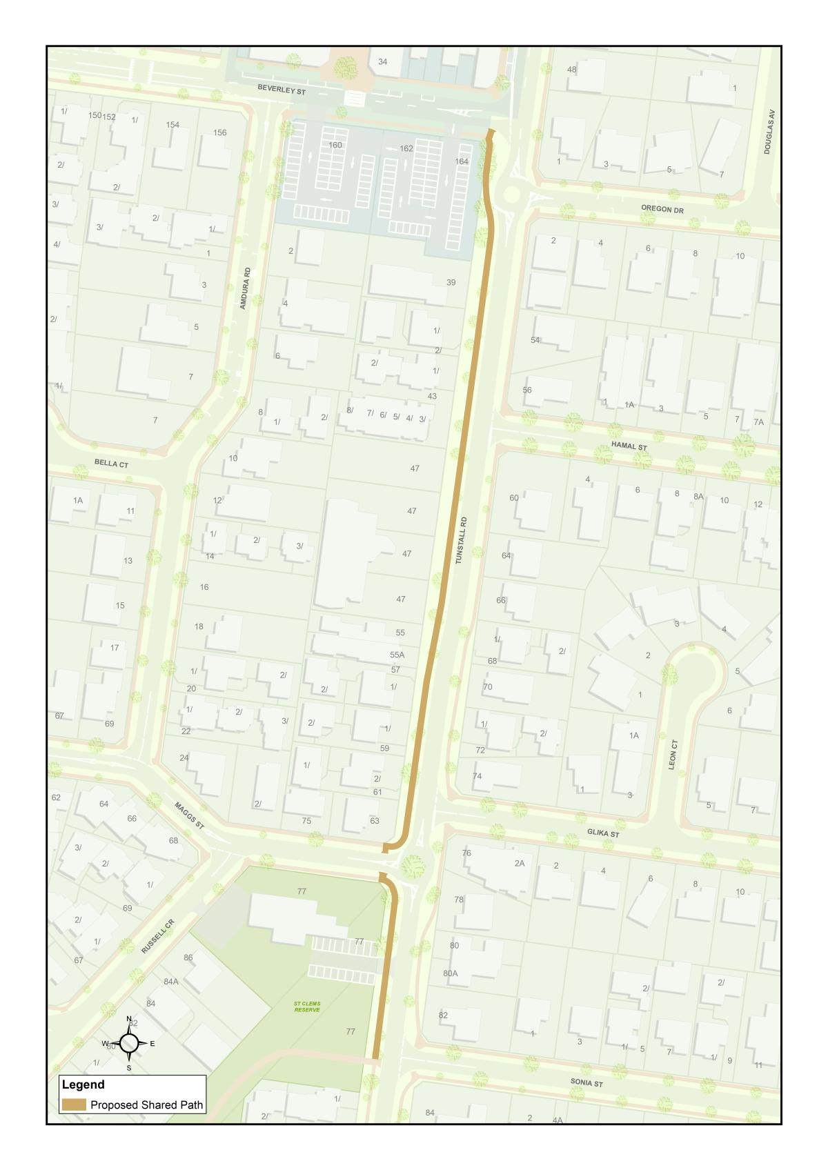 A map with line markings showing the location of the proposed footpath along Tunstall Road, Donvale.