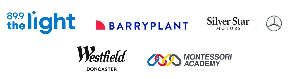 logos for 89.9 light FM, Barry Plant, Silver Star Motors, Westfield Doncaster, Montessori Academy