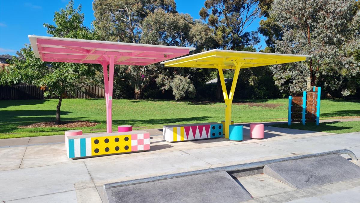 New colourful seating and Bulleen Skatepark