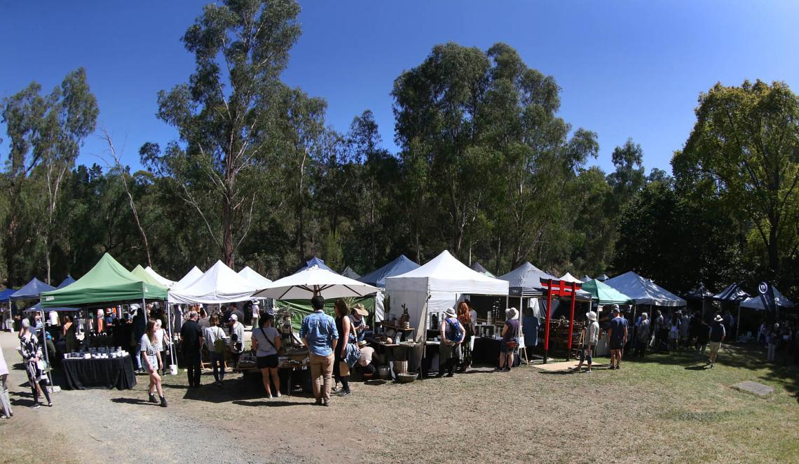 Small but busy market in a bushland setting