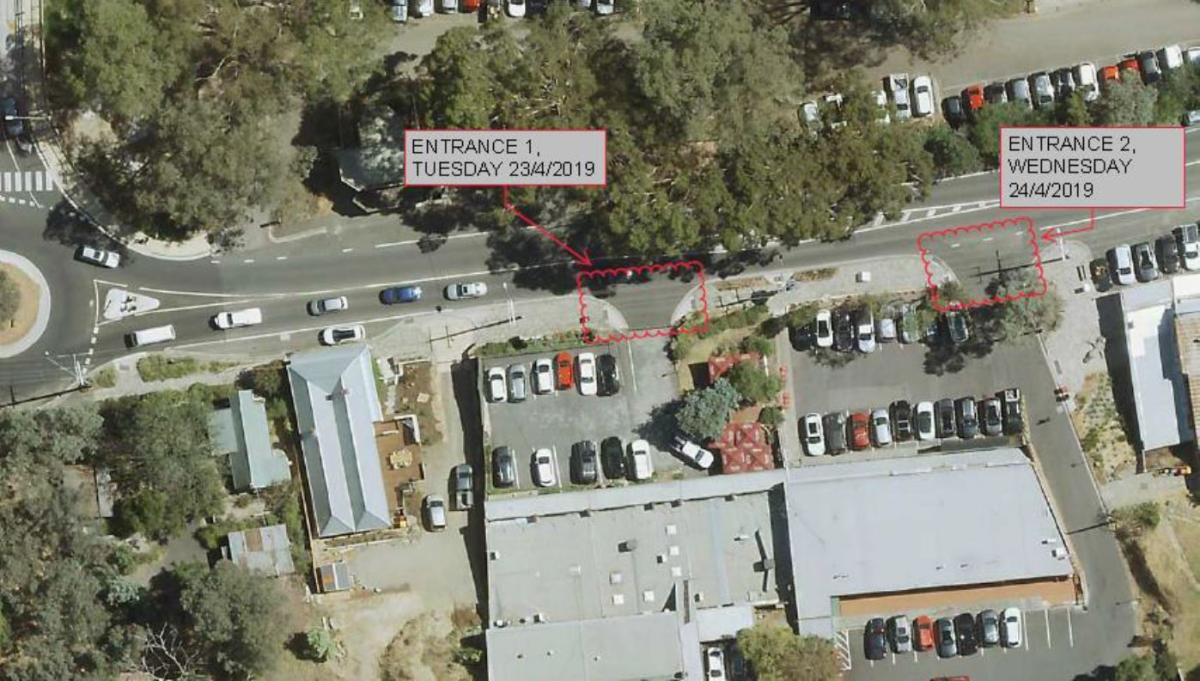 Aerial map of the Yarra Street carpark showing Entrance 1 closed on 23 April and Entrance 2 closed on 24 April