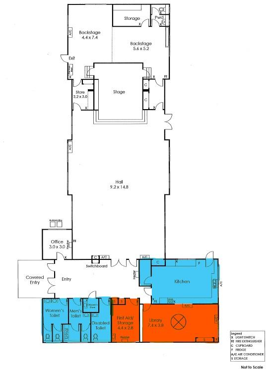 Floorplan of building with public spaces highlighted in blue and orange