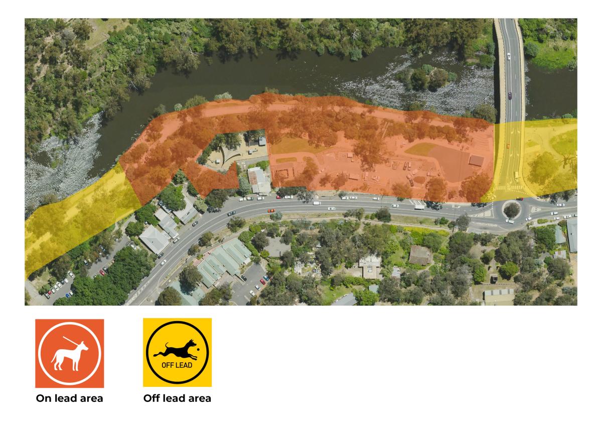 Aerial image of the Warrandyte River Reserve with shading showing dog on lead and dog off lead areas