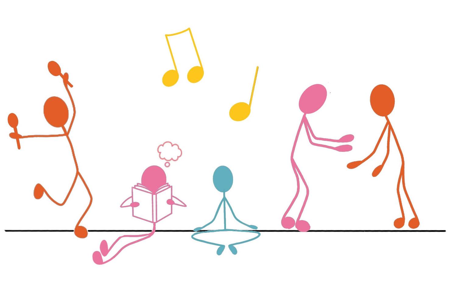 Five colourful stick figures sit and stand on a black line while playing and reading
