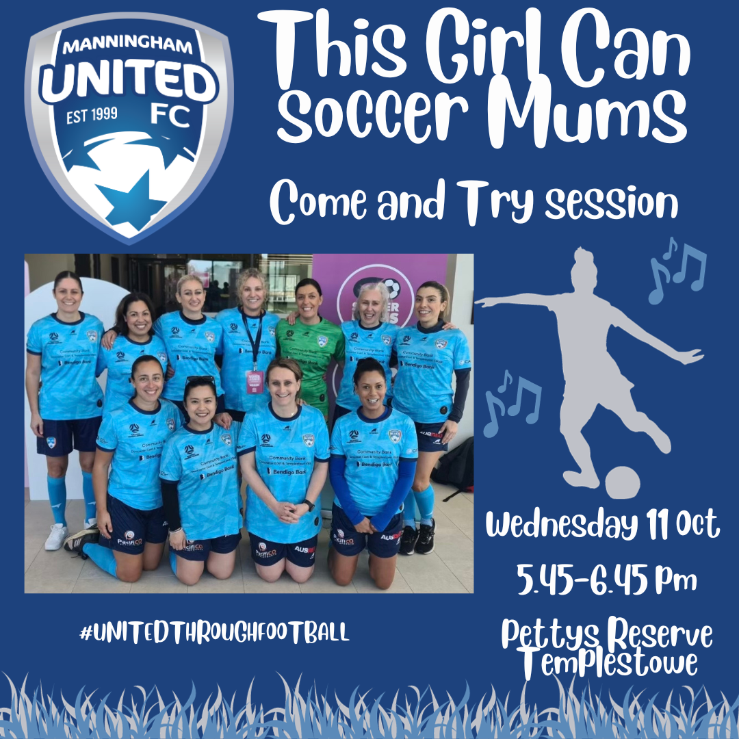 Flyer for soccer mums program, image of a womens soccer team wearing blue tops