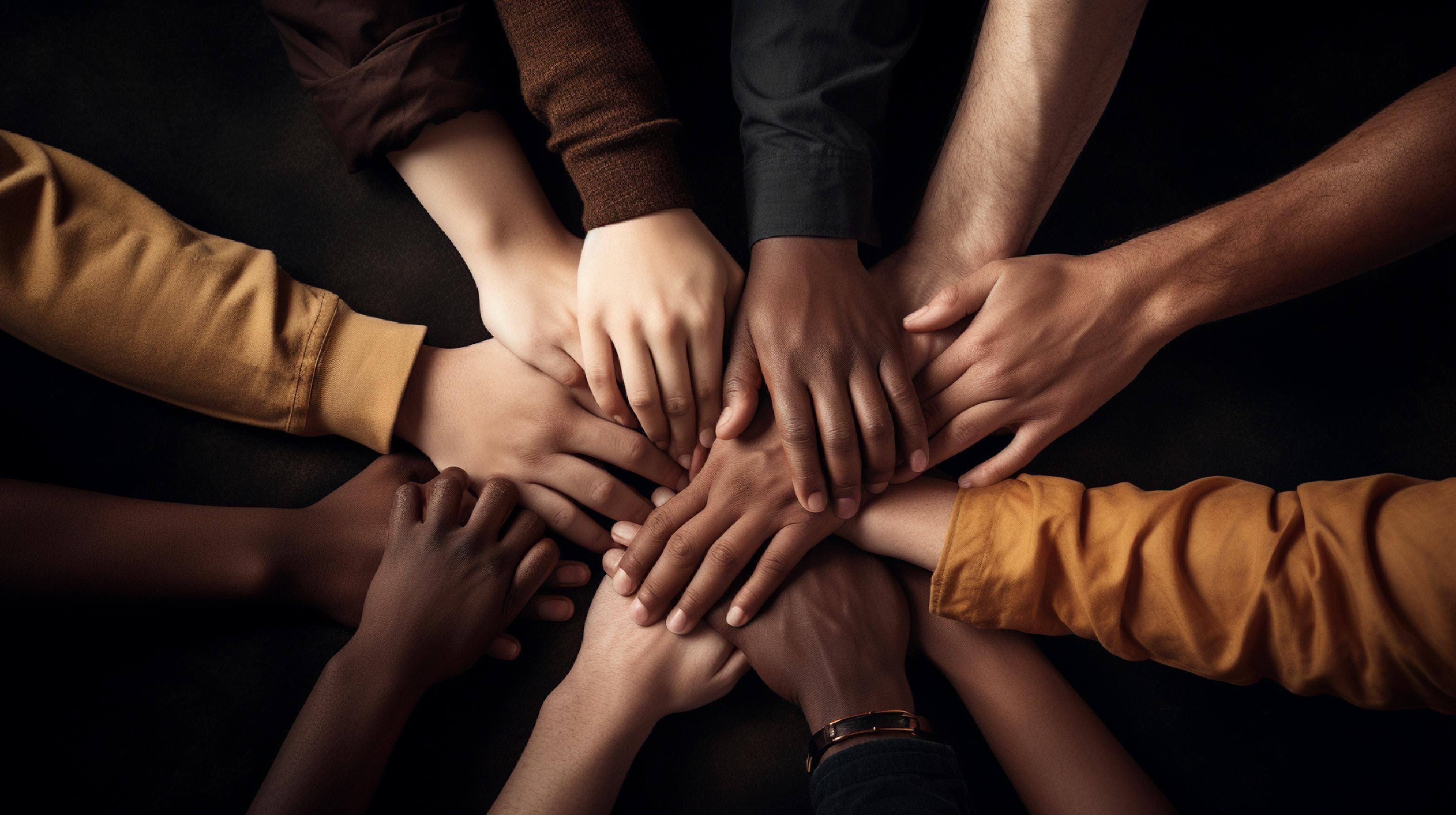 Hands of all different skin colours reach in to form a circle meeting in the middle