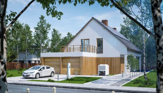 Artist rendition of a house with an electric vehicle charging station in the driveway