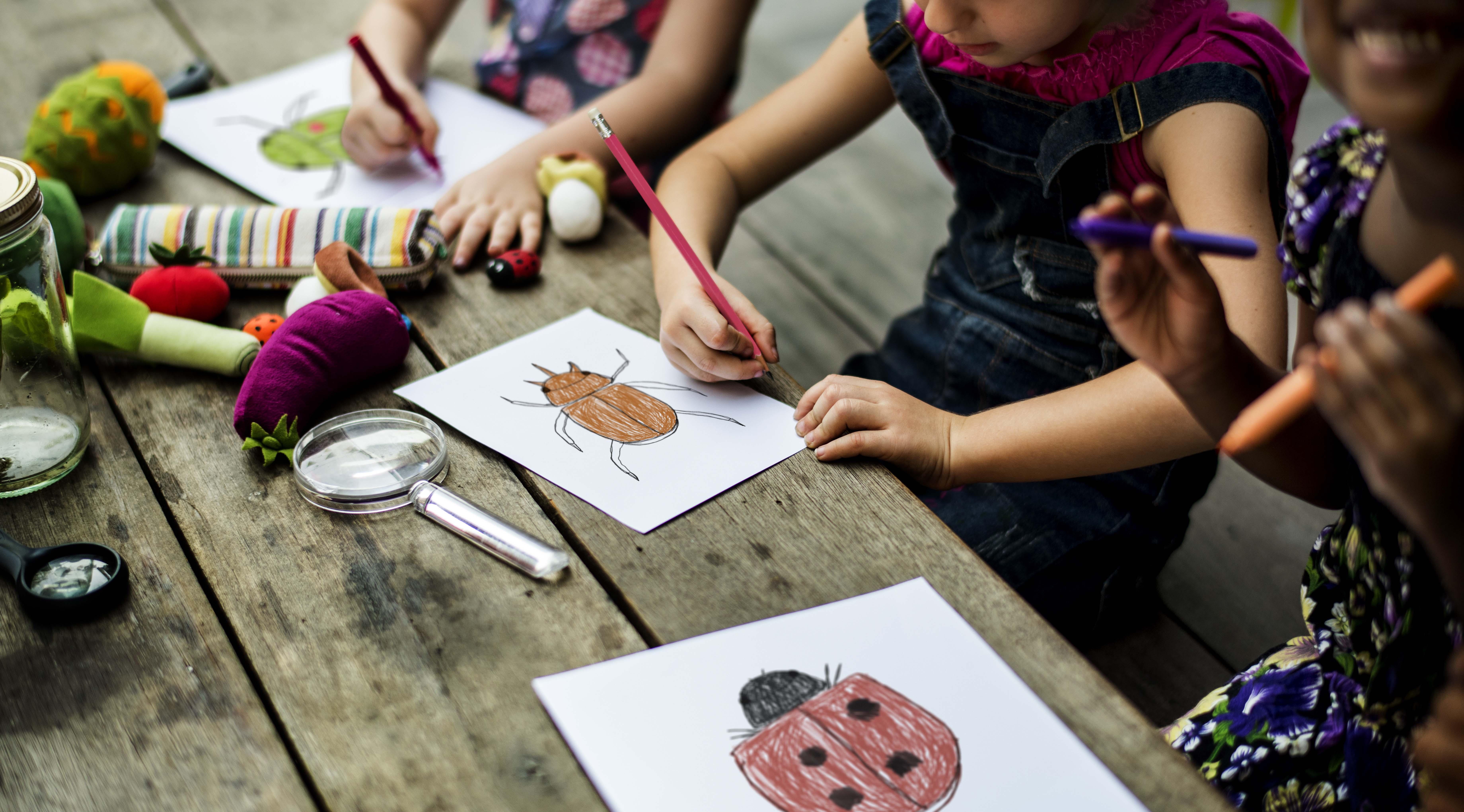 Three children sitting at a wooden table drawing pictures of beetles