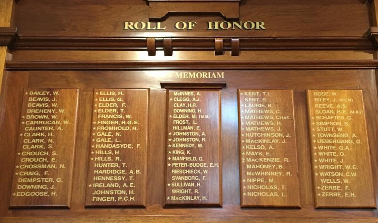 Honour board displaying names of soldiers