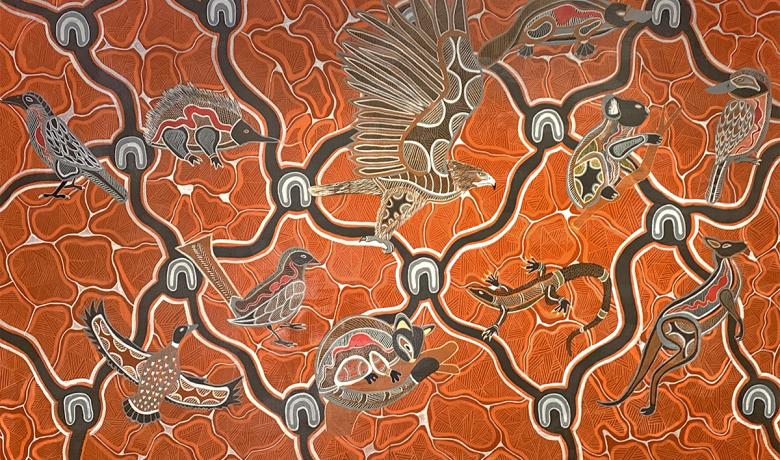 Coming Together by First Nation's artist Ash Firebrace - native animals sit on top of thick black lines that crisscross across a bright orange background 