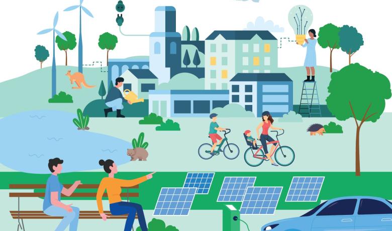 Graphic image of a small city with multiple figures going about their day using renewable energy sources.