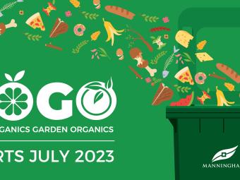 Food Organics Garden Organics service graphic image with food and garden waste going into green lid bin