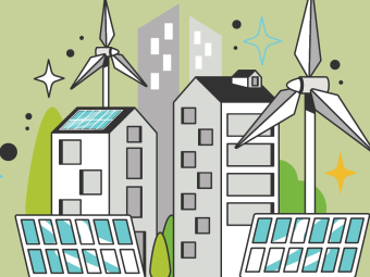 Graphic image of high rise buildings with solar panels and wind turbines against a green background.