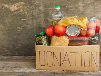 cardboard box of food donations