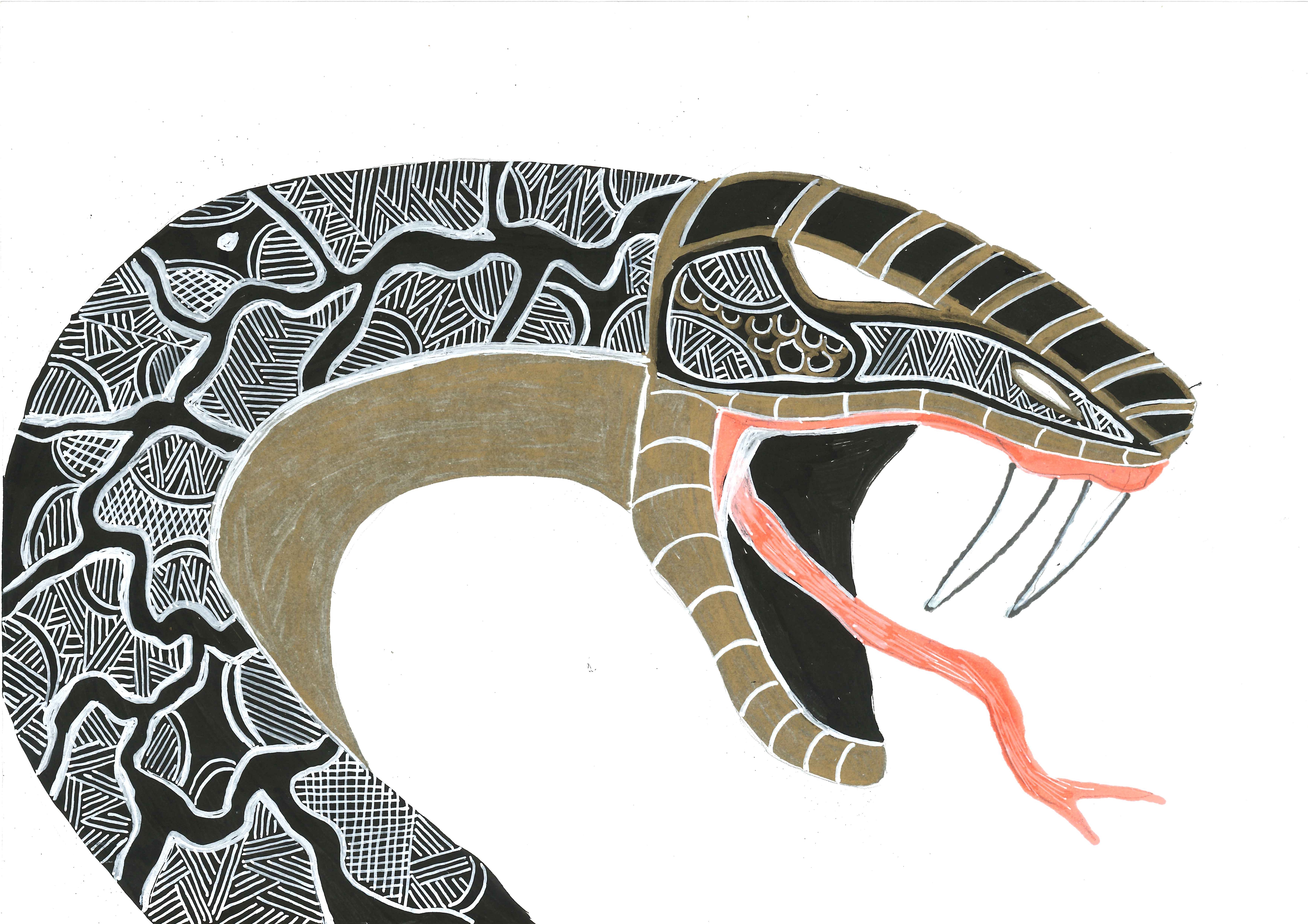 Graphic black, white, gold and orange drawing of a serpent with mouth open and fangs bared